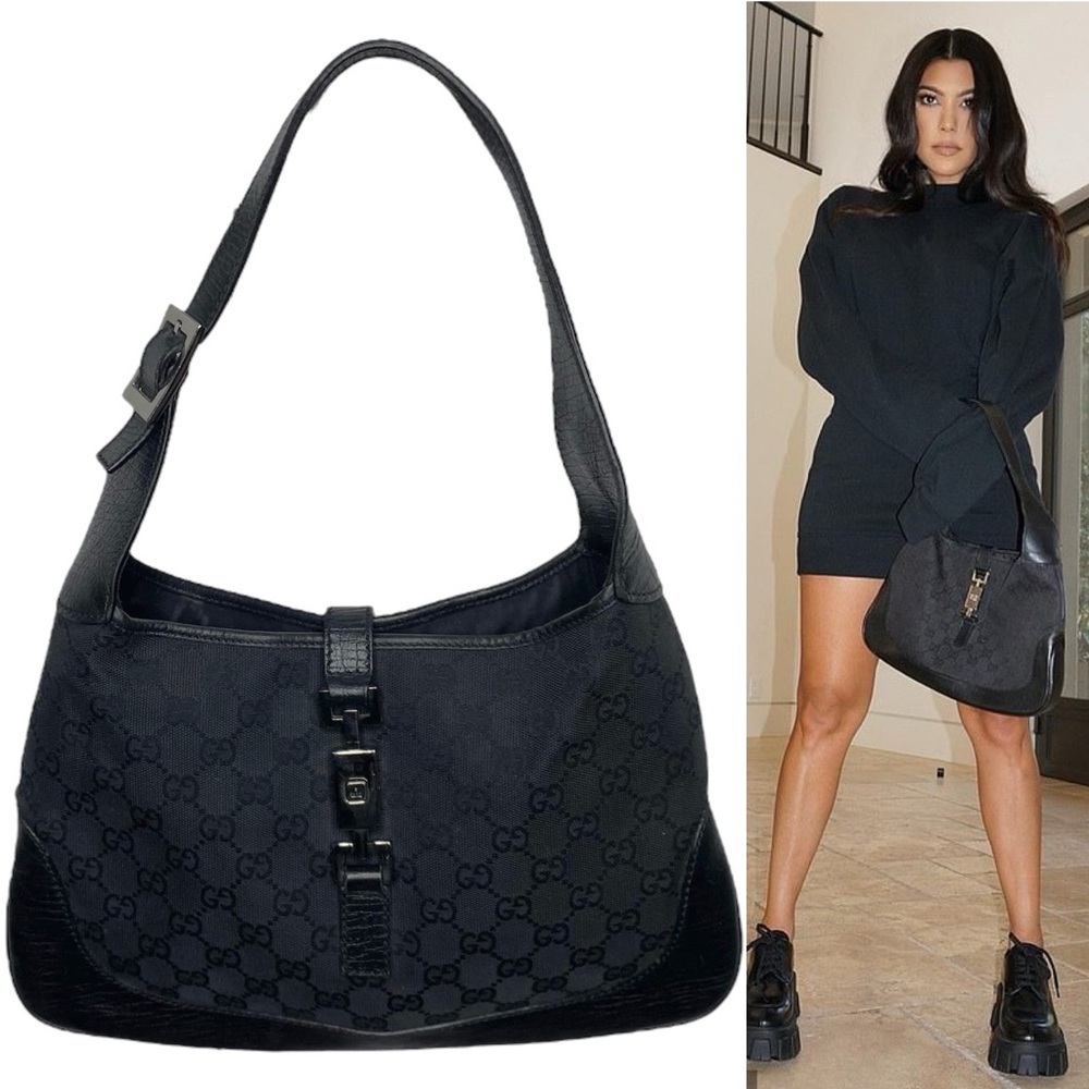 GUCCI Jackie 1961 Black Leather Monogram Canvas Shoulder Bag Handbag Vintage